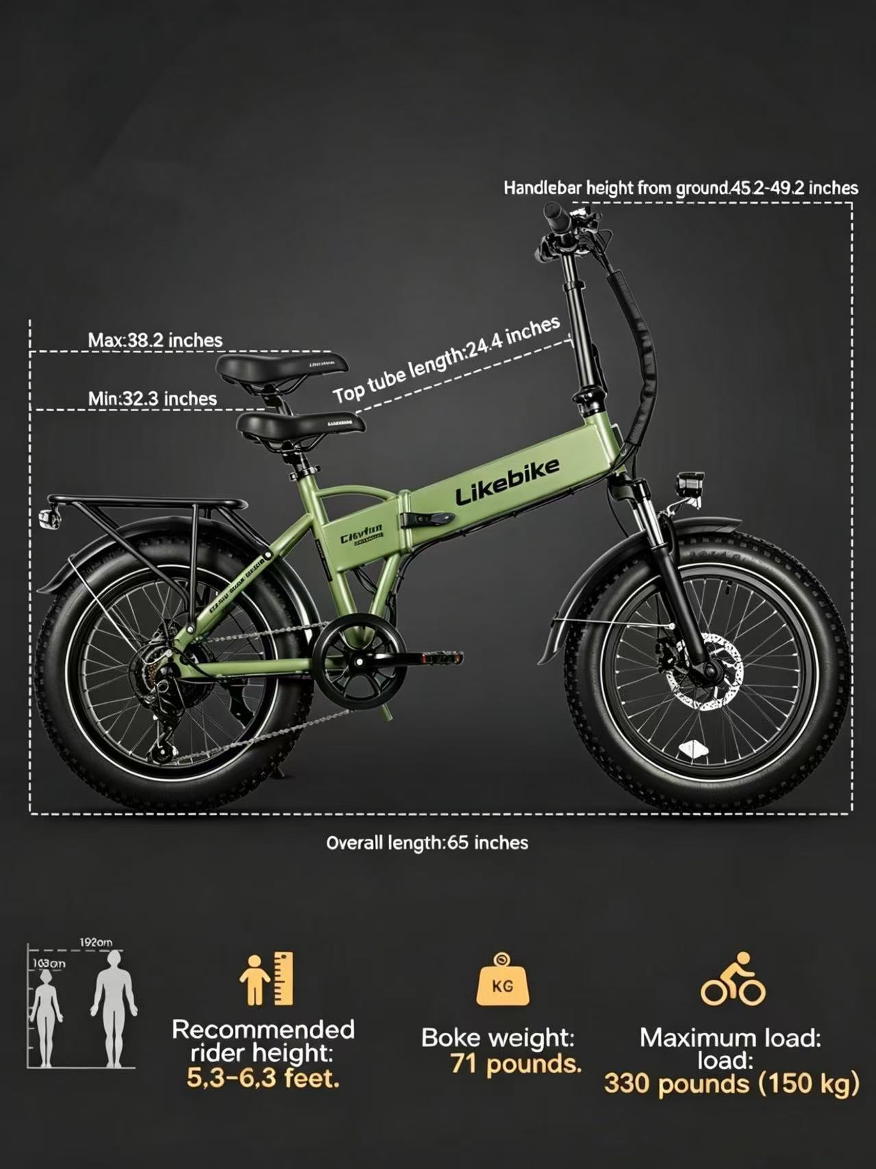 Likebike Cityfun Folding Fat Tire E-Bike, 1500W Peak Power, Portable All-Terrain Electric Bike