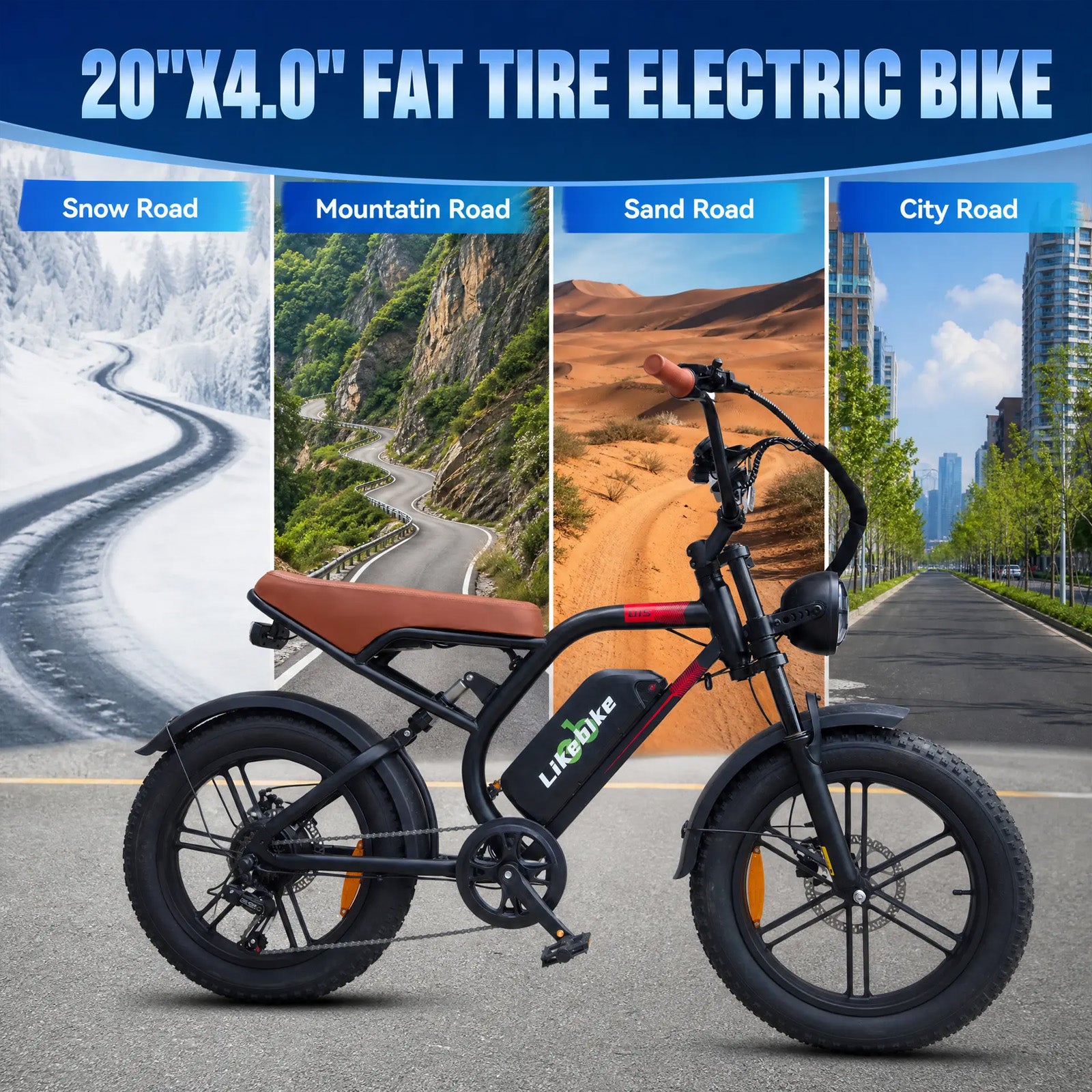 LIKEBIKE U15 Electric Bike for Adults, 2000W Peak Motor, 48V 23Ah Removable Battery, 34 MPH, 60-80 Miles, 20" Fat Tire Full Suspension E-Bike with NFC
