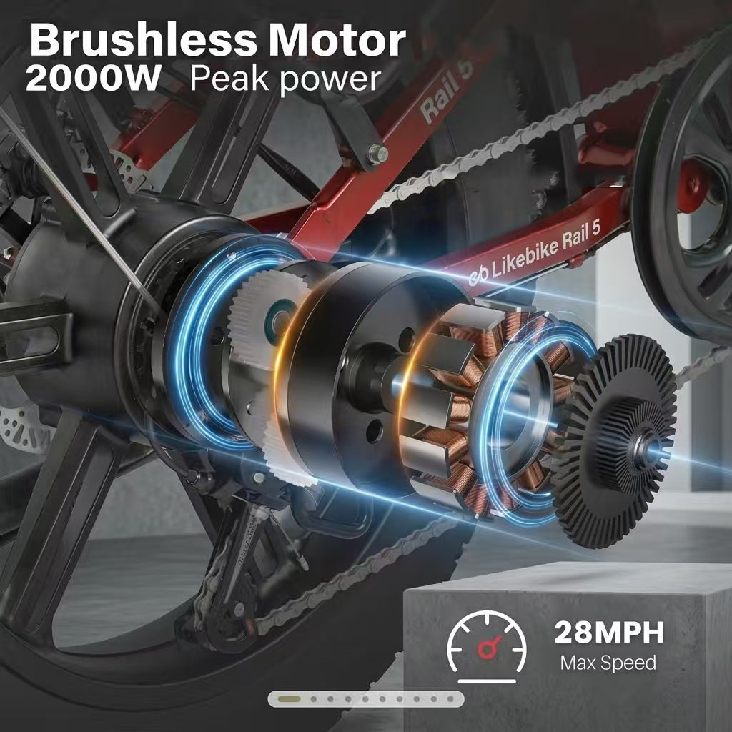 Likebike Rail 5 High-Performance Ebike - 2000W Peak, 50+ Miles Range, Full Suspension & Fat Tires Comfort City Commuter