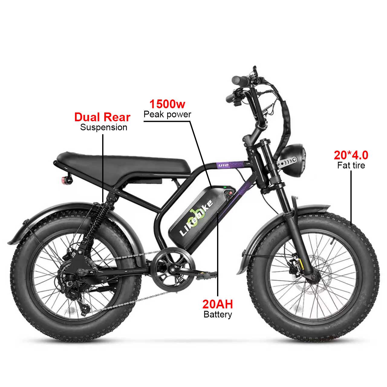 Likebike U12 Fat Tire Electric Bike: 1500W Peak Power, 50 Miles Range, All-Terrain Ebike