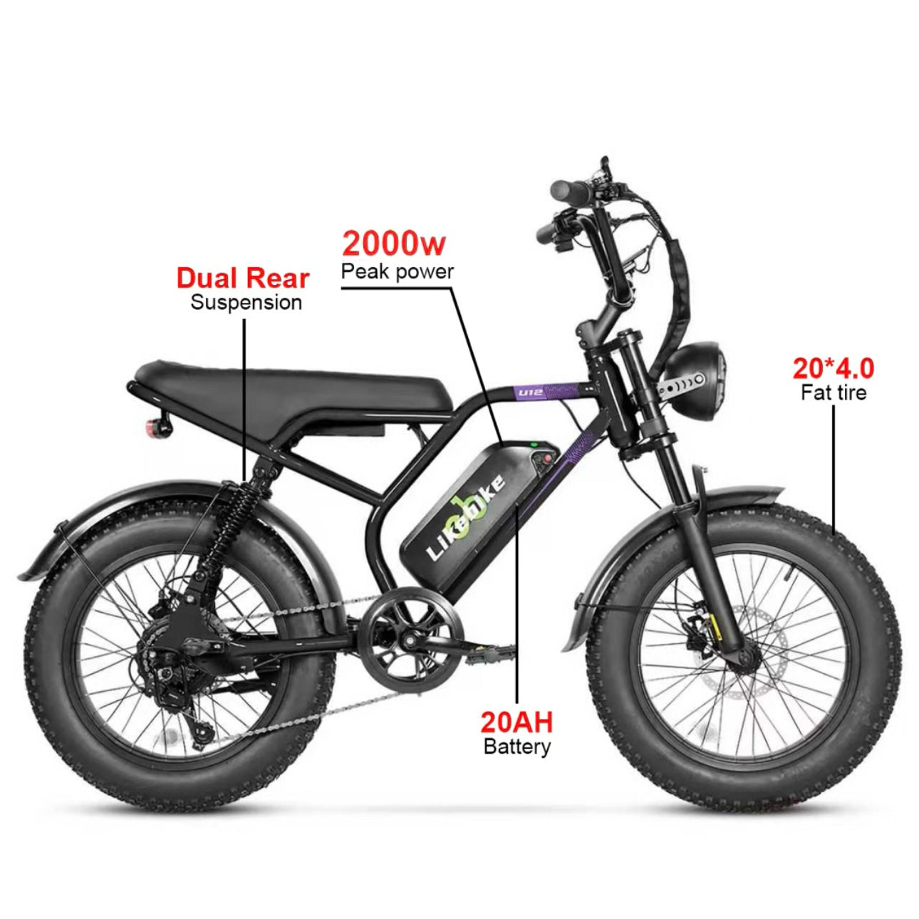 U12 High-Performance E-bike | 2000W Peak Power, 50-Mile Range & Dual Safety (BMS + Hydraulic Brakes)