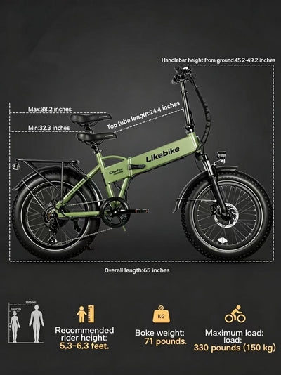 Likebike Cityfun Folding Fat Tire E-Bike, 1500W Peak Power, Portable All-Terrain Electric Bike