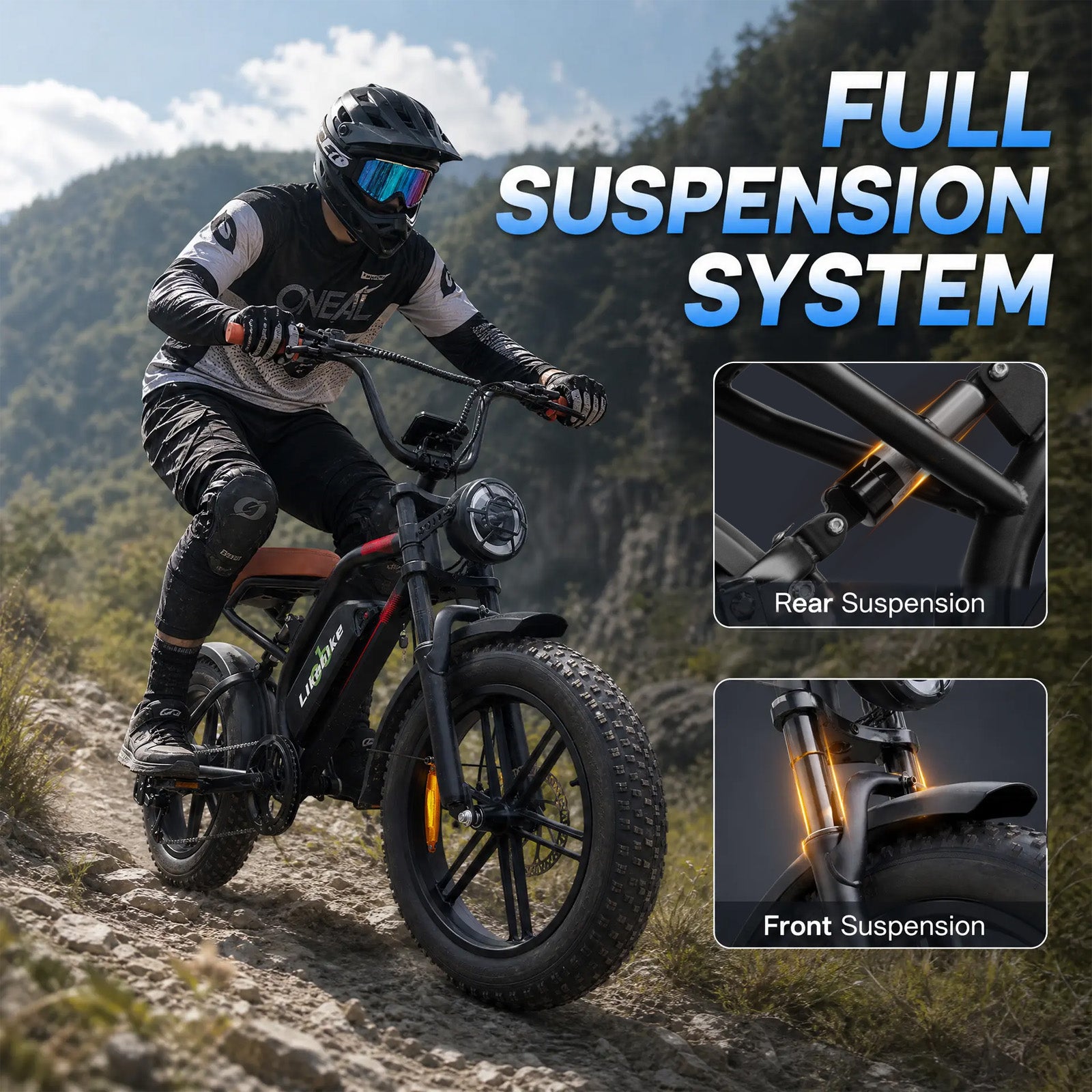 LIKEBIKE U15 Electric Bike for Adults, 2000W Peak Motor, 48V 23Ah Removable Battery, 34 MPH, 60-80 Miles, 20" Fat Tire Full Suspension E-Bike with NFC