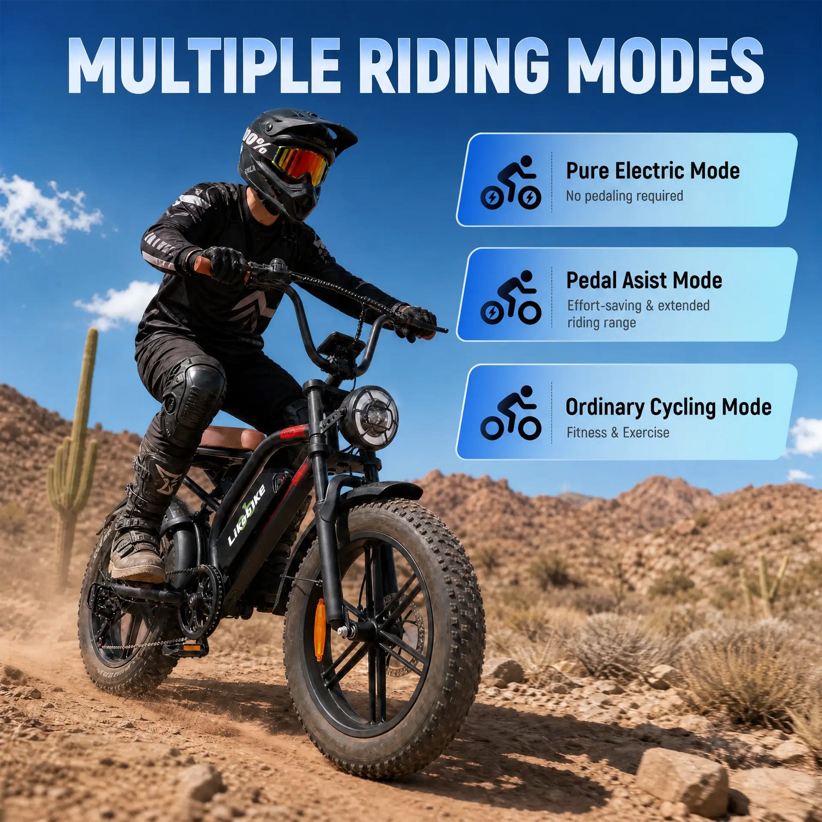 LIKEBIKE U15 Electric Bike for Adults, 2000W Peak Motor, 48V 23Ah Removable Battery, 34 MPH, 60-80 Miles, 20" Fat Tire Full Suspension E-Bike with NFC