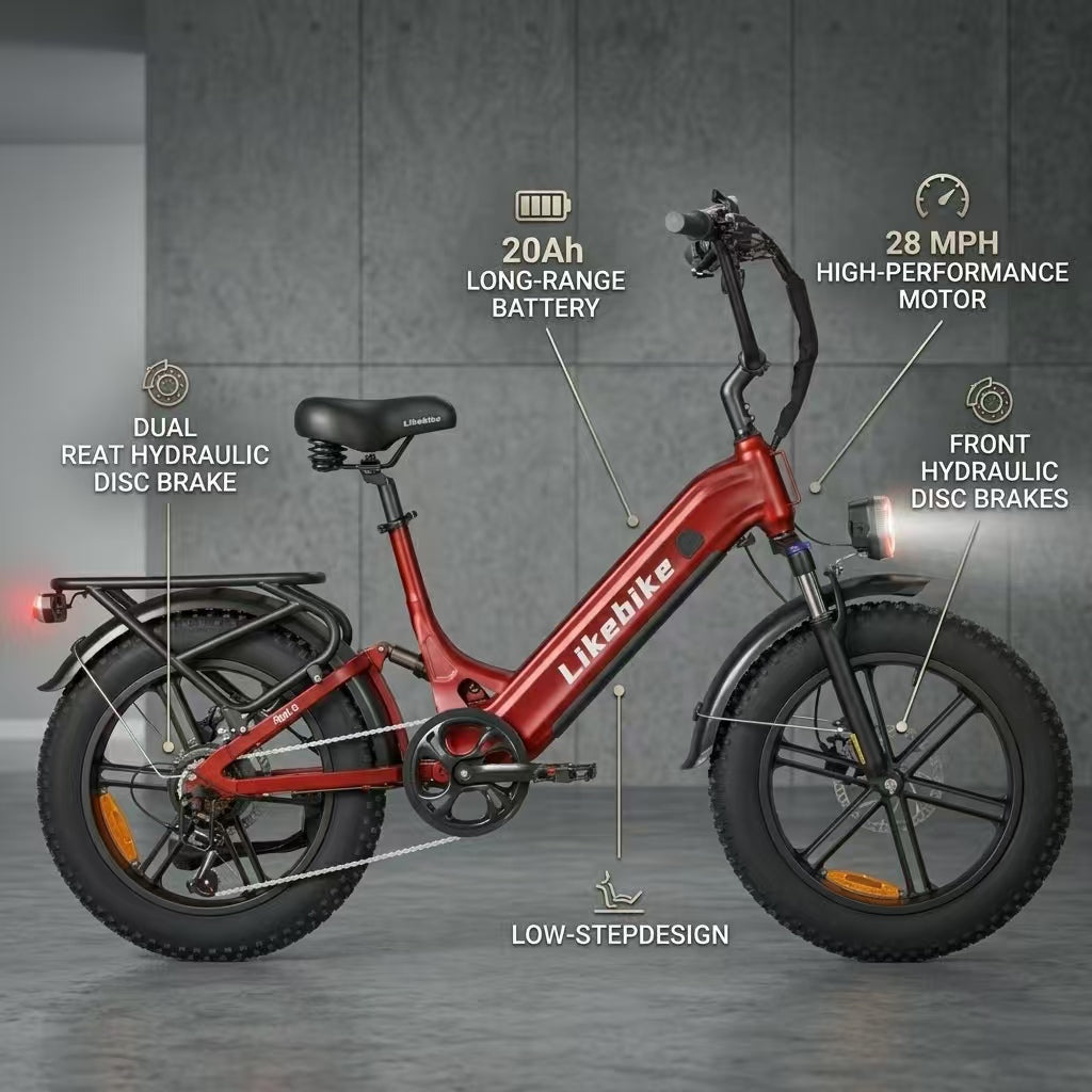 Likebike Rail 5 High-Performance Ebike - 2000W Peak, 50+ Miles Range, Full Suspension & Fat Tires Comfort City Commuter